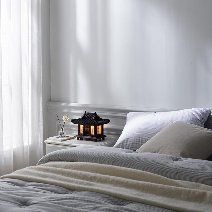 Traditional Korean Wood Lamp | Handmade Asian Oriental Table Lantern | Bedside Bedroom Accent Light | Unique Gift Idea | Pagoda Design (Brown) (Hanok)