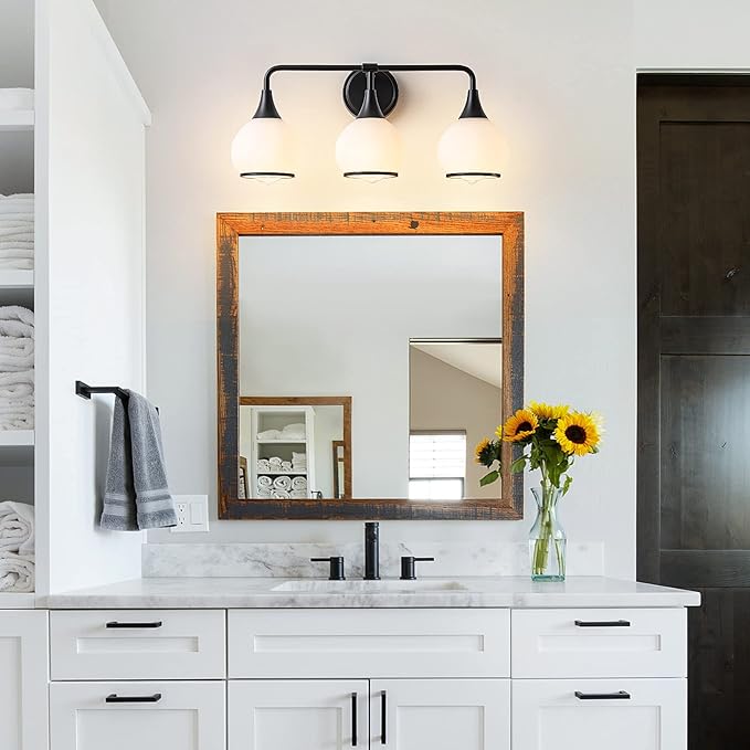 Black Bathroom Light Fixtures 3-Lights Vanity Lights with Milky White Frosted Glass Shade Bathroom Vanity Light 22.4 inch Wall Sconce Lighting Bath(Exclude E26 Bulb)