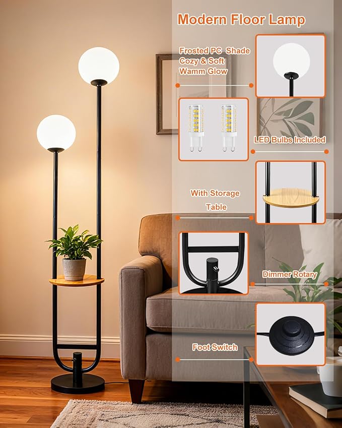 63IN Black Floor Lamp, Modern Mid Century Globe Standing Lamps with 3000K LED Bulbs Candle Holder Style Unique Vintage Tall Floor Lamp for Living Room/Wedding