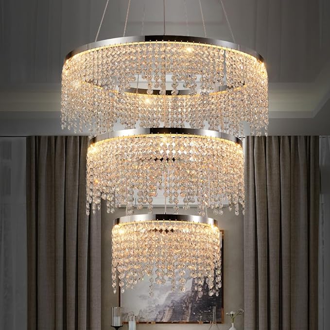 3 Tier LED Modern Ceiling Light Fixture, Home Decor LED Round Crystal Chandeliers, Adjustable Color Temperature Chandelier for Living Room, Dining Room, Bedroom