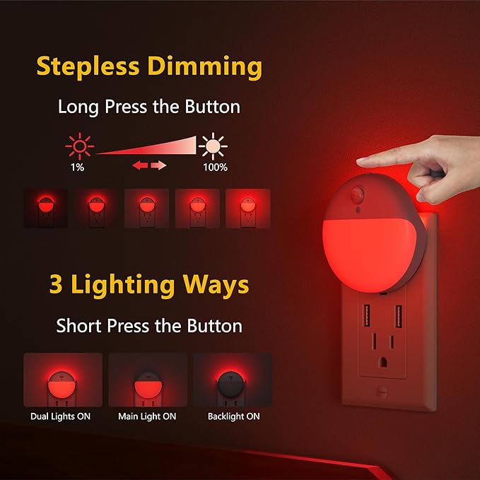 2 Pack Plug in Red Sleep Night Light with Motion Sensor and Dusk to Dawn Sensor, 3 Modes, Soft Glow, Stepless Dimming, LED Lights for Bedroom, Sleep, Baby Nursery, Kids, Toddler, Home Decor