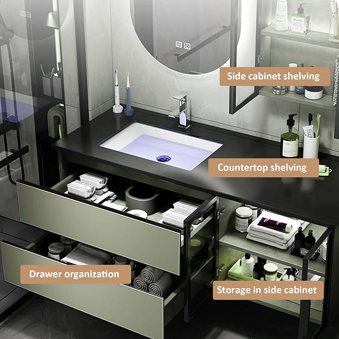 Bathroom Vanity with Sink - Bathroom Vanity Cabinet and Sink and Slab Top | Side Shelf and Ambient Lighting, LED Smart Mirror Cabinet (48'')