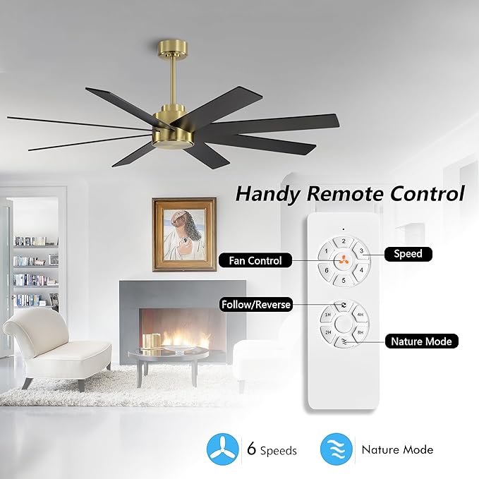 WINGBO 60" Large DC Ceiling Fans without Lights, 3 Downrods, 8 Plywood Blades, 6-Speeds Reversible DC Motor, Indoor Ceiling Fan No Lights for Bedroom Living Room Patio, Brass and Black