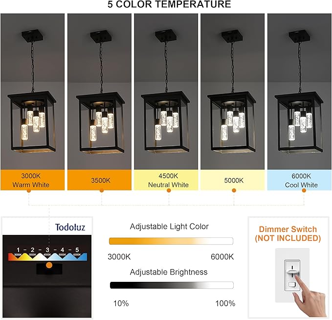 TODOLUZ LED 5CCT 4-Light Large Outdoor Pendant Light Fixtures in Oil Rubbed Bronze, Adjustable Height Porch Hanging Lighting for Yard Entryway Patio, Exterior Ceiling Lantern LED Chips Included