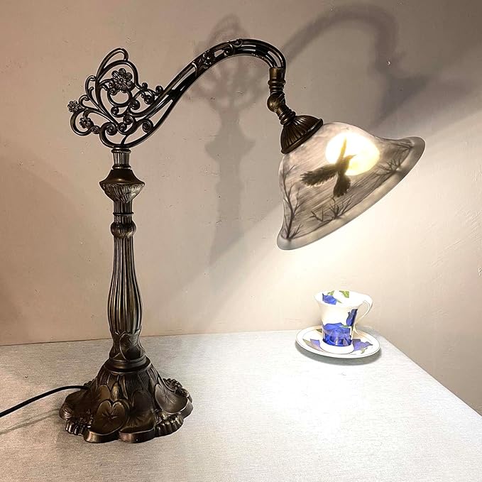 Bieye L13006 Hand-Painted Raven Table Lamp, Bridge Arm Desk Lamp with Adjustable Shade for Halloween Home Decor (Dark Blue, 21.7" H Bridge Arm)
