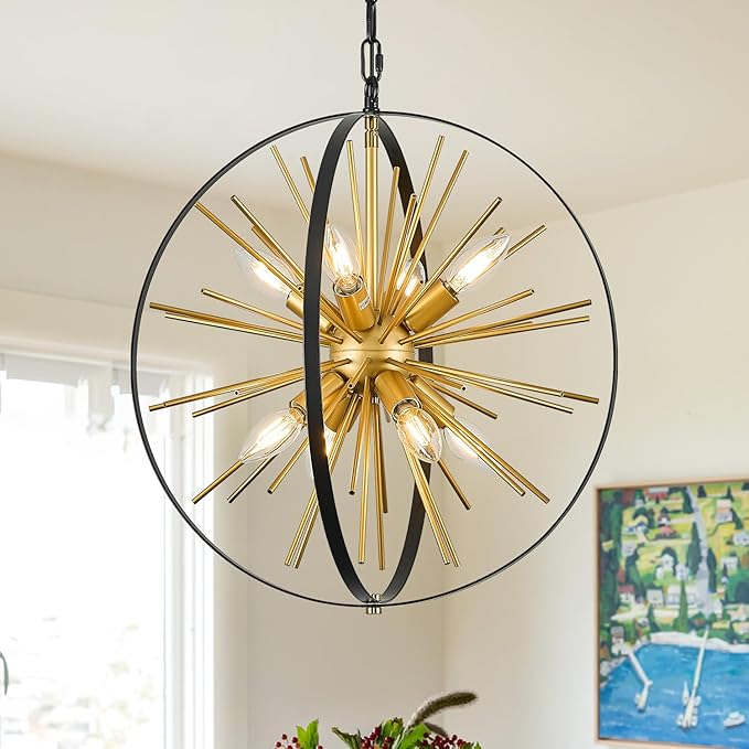 Modern 18" Globe Sputnik Chandelier 8-Light Black Gold Mid Century Ceiling Firework Pendant Light Fixture for Hallway Entryway Bedroom Kitchen Dining Living Room