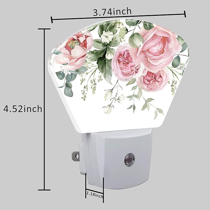 Watercolor Pink Flowers Night Light Plug into Wall, Pink Roses Night Light with Dusk to Dawn Sensor for Kid Girls Boys Women Men Room, Hallway, Kitchen, Bathroom, Stairs Decor