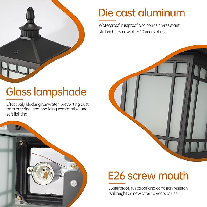 Outdoor Column Lights, Outdoor External Patio Landscape Glass Post Lantern E26 Fixture Traditional Waterproof Garden Post Light Aluminum Modern Fence Pillar Lamp