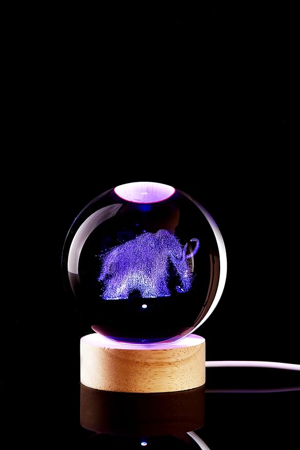 Large Elephant Crystal Ball Night Light with Woodern Base, 3D Mammoth Crystal Lamp 16 Color Changing with Remote Control, Laser Engraved Glass Ball Lamp, Room Decor (Elephant)