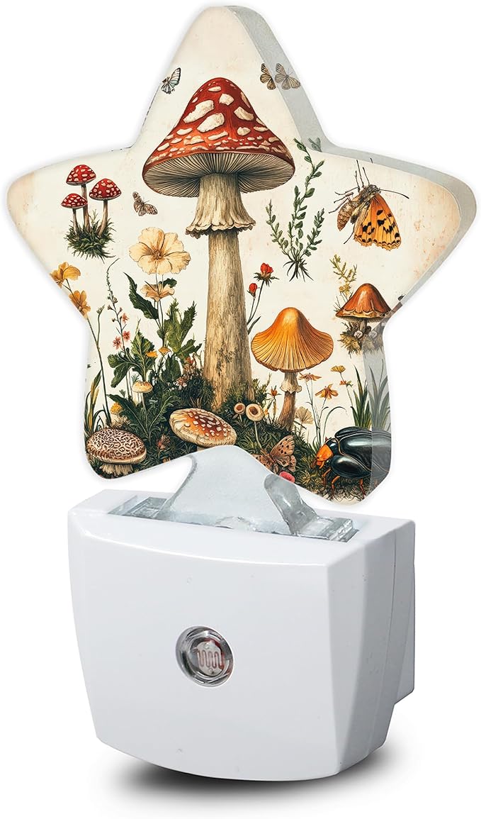 Mushrooms Dusk to Dawn Star Night Light,Wildflowers Butterfly Smart Sensor Nightlight for Bedroom Kitchen Hallway Stairs,Plug-in Energy Efficient Decor Desk Lamp Women Men Gifts