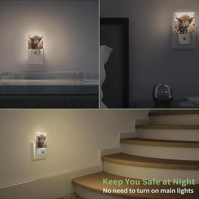 Highland Cow Night Light, Flower Night Light Plug into Wall with Dusk to Dawn Sensor, LED Lamp Energy Saving Lights for Men Women Boys Girls,Lamp for Bedroom Bathroom Hallway