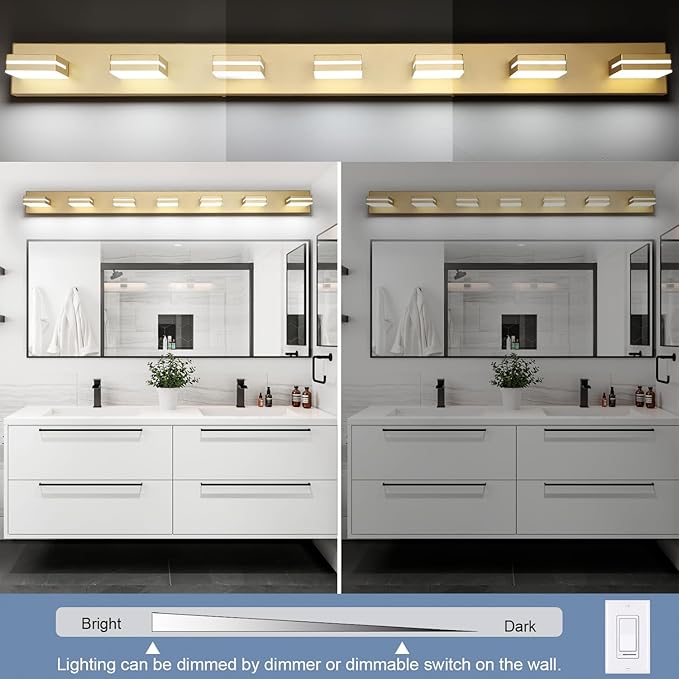 SineRise LED Modern Bathroom Vanity Light Fixtures (7-Light, 55-Inch, Dimmable), Gold Modern Acrylic Bathroom Wall Lighting Fixtures Over Mirror (Cool White 6000K)