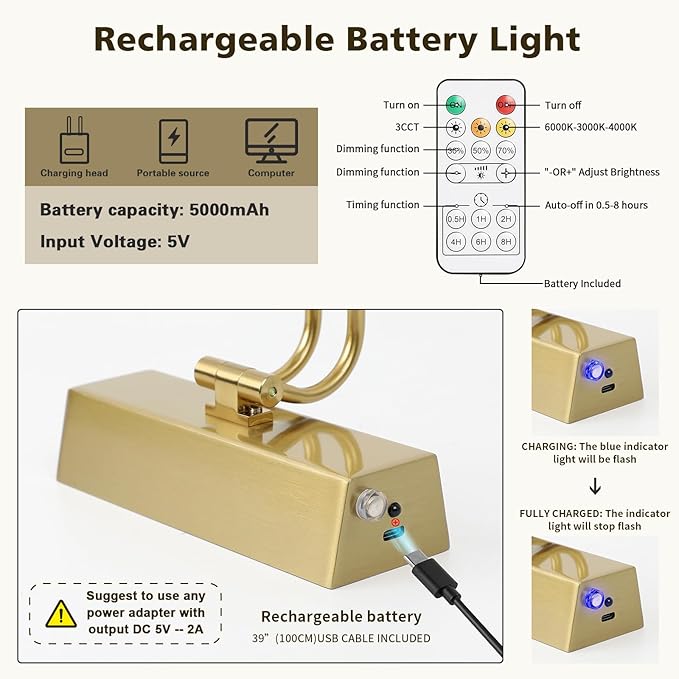 Joosenhouse Battery Operated Picture Light 5000mAh Rechargeable Wall Light 15.7" Wireless Picture Lights for Wall with Remote Control for Paintings Photo Spot Lights Indoor Brass Color
