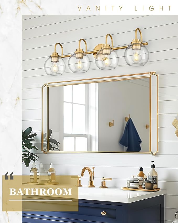 Bathroom Light Fixtures, 4-Light Brushed Gold Vanity Lights with Globe Clear Glass, 30 Inch Champagne Bronze Vanity Lighting Fixtures Over Mirror, AD-22280-4W-GD