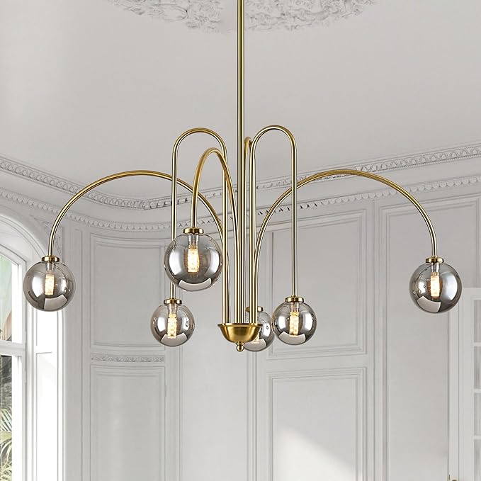 Modern Sputnik Globe Chandelier, 6-Light Brass Gold Linear Chandeliers for Dining Room and Kitchen Island, Mid Century Light Fixture Over Table, (Smoke Grey Glass Bubble Shades, 40 Inch)