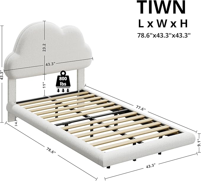 LIKIMIO Twin Bed Frames, Floating Bed Frame with LED Light and Upholstered Headboard, Solid Wooden Slats Support, No Box Spring Needed, White