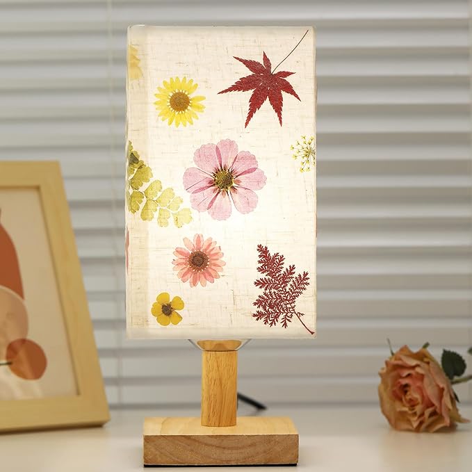 Dried Flowers Table Lamp 5W LED 3Color Temperatures Pressed Flower Bedside Lamp Square Linen Shade with Wood Base for Bedroom Living Room
