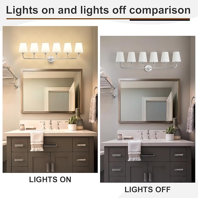 Brushed Nickel Bathroom Light Fixtures,6-Light Vanity Lights,Bathroom Lighting Fixtures Over Mirror with Flared White Fabric Shade,Modern Wall Sconce for Mirror Hallway Bedroom Living Room(ETL Listed)