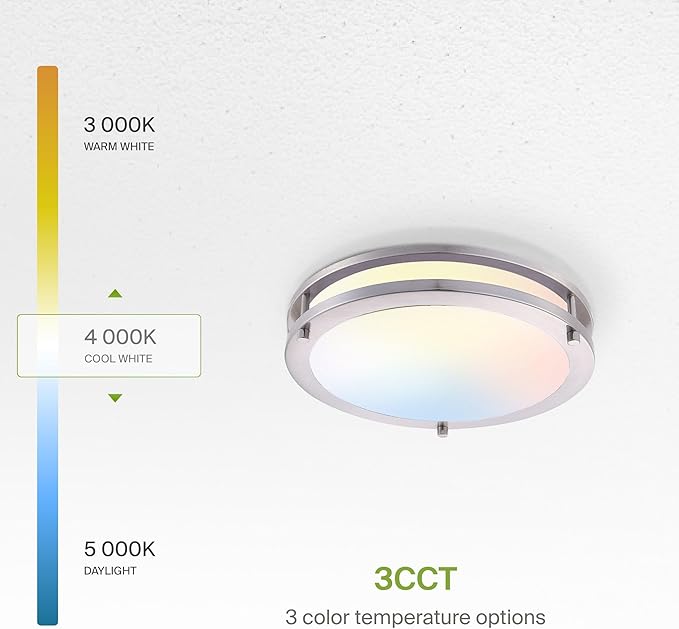 ASD LED 12" Round Flush Mount Lighting, Close to Ceiling Light Fixture | 3CCT, Dimmable, Energy Star, ETL Listed | 20W 1600LM 3000-5000K 100-277V | Low Profile Double Ring Lamp | Nickel, 4 Pack