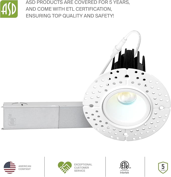 ASD Trimless 1 Inch Recessed LED Lights, 7W 120V Triac Round Commercial Downlight, Canless Dimmable Lighting for Ceiling with J-Box, 5 CCT 2700K-5000K, CRI 90+, IC Rated, ETL, White