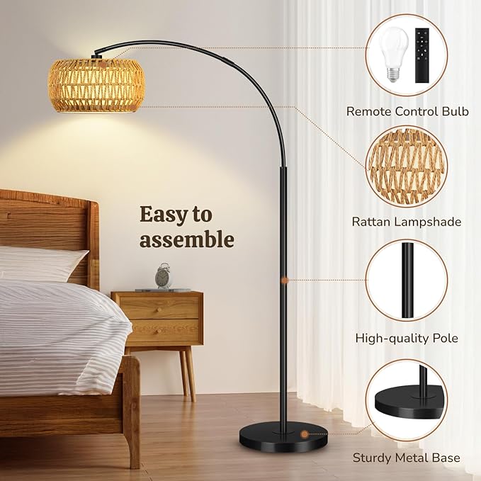 Arc Floor Lamp for Living Room, Rattan Boho Floor Lamp with Remote Control, Black Standing Lamp with 3 Color Temperatures & Dimmable LED Bulb, Tall Lamp for Bedroom, Over Couch Arched Reading Light