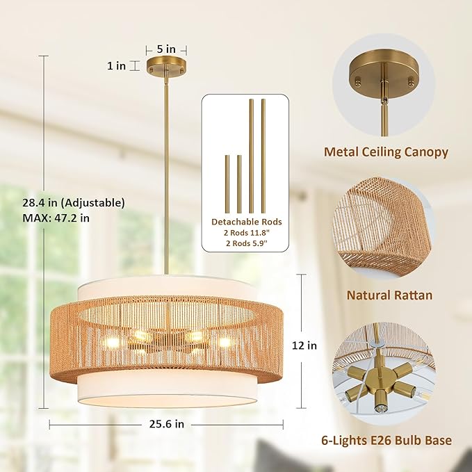 25.6" Rattan Chandelier, 6-Light Large Rattan Pendant Light with Fabric Lampshade, Farmhouse Boho Light Fixture Ceiling Hanging for Dining Room, Living Room, Bedroom, Kitchen Island, Hallway, Foyer