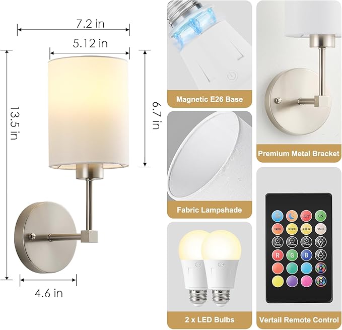 Battery Operated Wall Sconce Set of Two,Wireless Rechargeable Wall Light With Remote Control, Dimmable, 1800K/3000K/4000K/6000K/RGB, Timer, for Living Room, Bedroom, Fireplace, TV, 13.5 Inch, Nickel