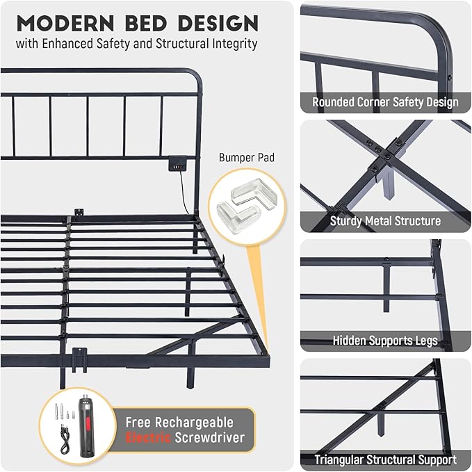 Floating Full Size Platform Bed Frame with LED Lights & Charging Station - Includes Powered Screwdriver for Assembly, Mattress Fasteners & Corner Pads, Hardened Steel
