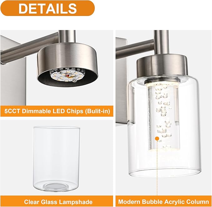 VINLUZ 5-Light Bathroom Vanity Light with 5 Color Modes, Brushed Nickel Dimmable Modern Wall Lighting Fixture Over Mirror with Clear Glass Shade and Crystal Bulb(LED Bulbs Included)