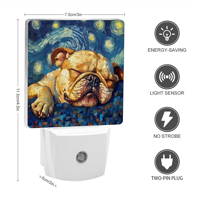 LED Night Lights Plug into Wall,Starry Night Sleeping Bulldog Decorative Night Lights Plug into Wall with Auto Light Sensor for Boys Girls Bedroom Decorative Nightlight Led Lamp