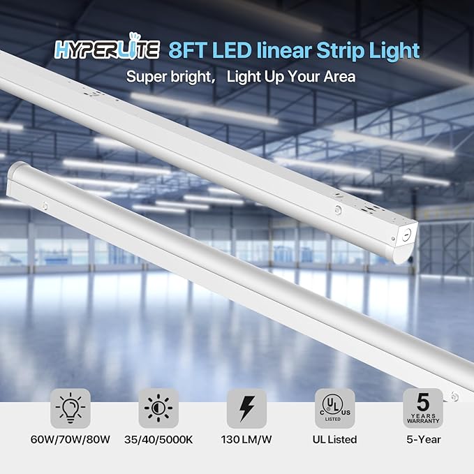 HYPERLITE 80W LED Linear Strip Light 8FT,60/70/80W Linear Strip Lights Fixture 3500K/4000K/5000K CCT Selectable 1-10V Dimmable UL Listed 130lm/w Commercial LED Shop Light for Warehouse, 2P