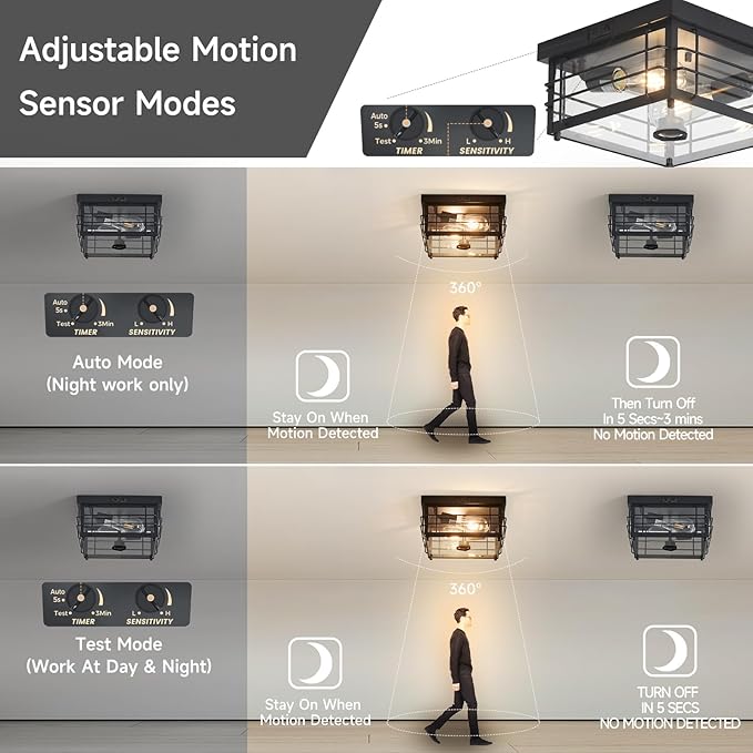Yisuro Outdoor Ceiling Light with Motion Sensor Flush Mount Farm House Porch Light Ceiling Mount Adjustable 3 Modes Squares for Patio,Porch,Garage (Black-Square)