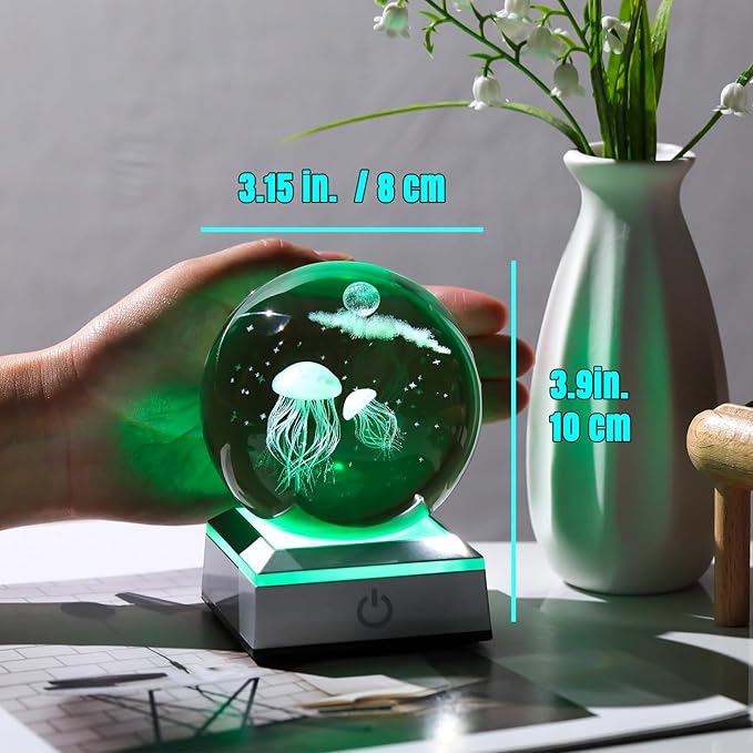 3D Engraved Jellyfish Crystal Ball 3.15‘’ with LED Light Colorful Base - Jellyfish with Star Moon Glass Sphere Lamp Gifts for Women Home Decor