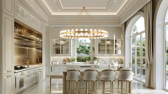 70 Inch Gold Wagon Wheel Chandelier with Crystal Shade, 72 Lights, Modern Farmhouse Style, Ideal for Dining Room, Kitchen, Entryways