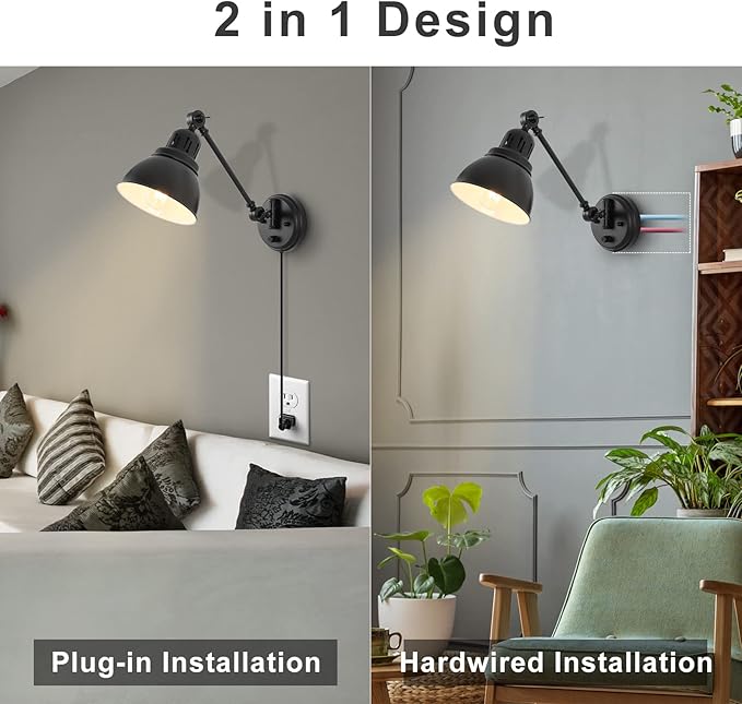Plug in Wall Sconces, Wall Sconce Lighting with Dimmable On Off Switch, Swing Arm Wall Lamp, Black Metal Industrial Wall Light Fixtures, Safety E26 Base, 6FT Plug in Cord