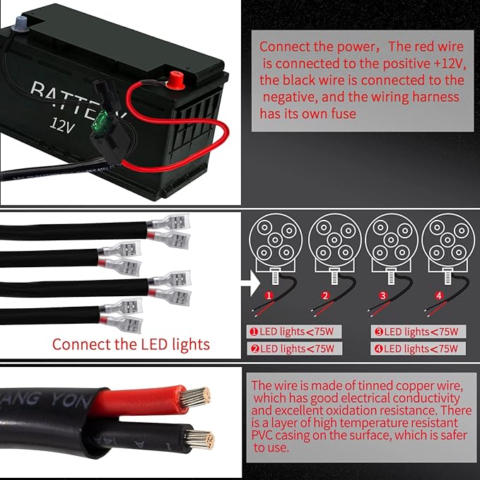 LED Lights Bar Wiring Harness Kit 4 Leads DC12V On-Off Switch Power Relay Blade Fuse 14AWG Core Cable Wiring Harness Kit fit for LED Driving Lights Bar Work Auxiliary Lights