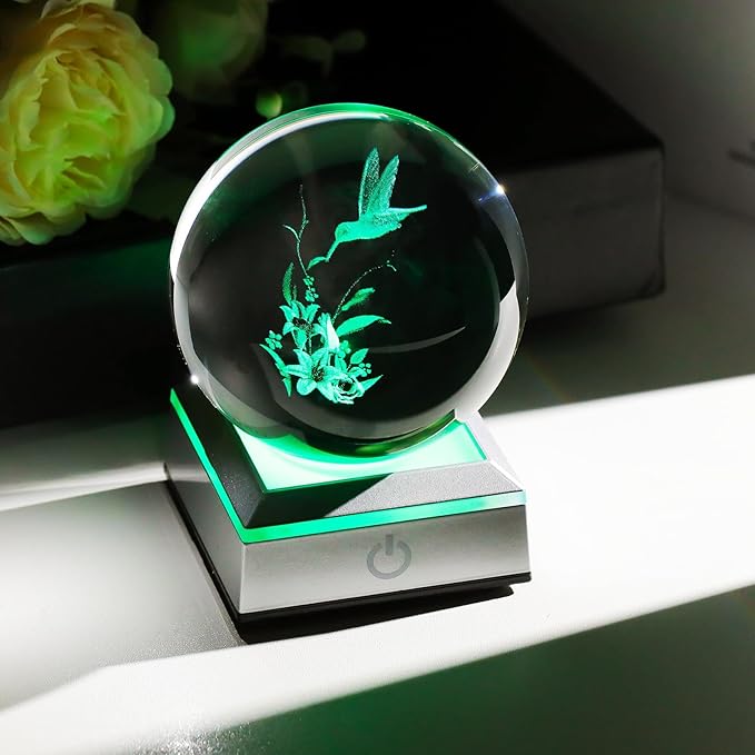 Ornalrist 3D Crystal Ball Engraved Hummingbird and Tiger Lily with LED Light Base3.15'', Hummingbird Gifts for Women Mom - Hummingbird and Lily Figurines Night Light for Home Office Decor