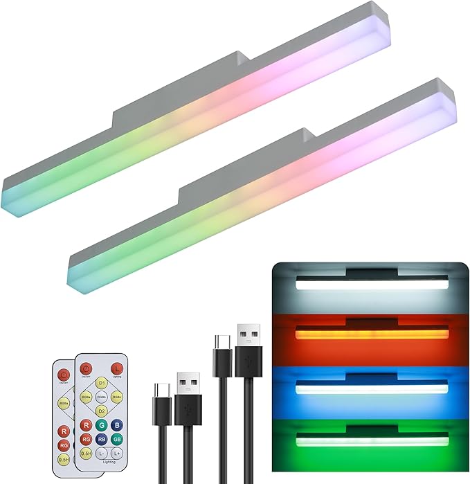 Rechargeable Battery LED Picture Light,Magnetic Wall Lights for Pictures with Remote Dimmable and Timer,6400K lighting and RGB atmosphere adjustment，Makeup mirror fill light (6400K+RGB, 2Pack)