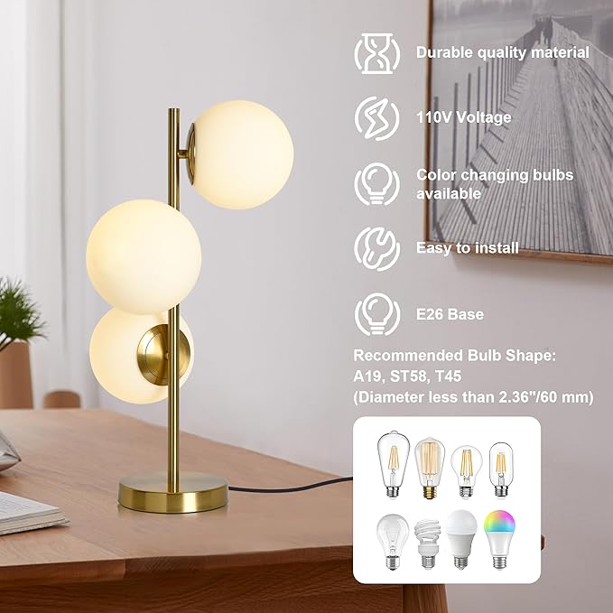 Gold Globe Table Lamp Mid Century Modern Desk Lamp 3-Light Side Table Lamp Bedside Lamp with 5.9" Milk White Glass Shade End Table Lamps for Bedroom Living Room Office Study Room