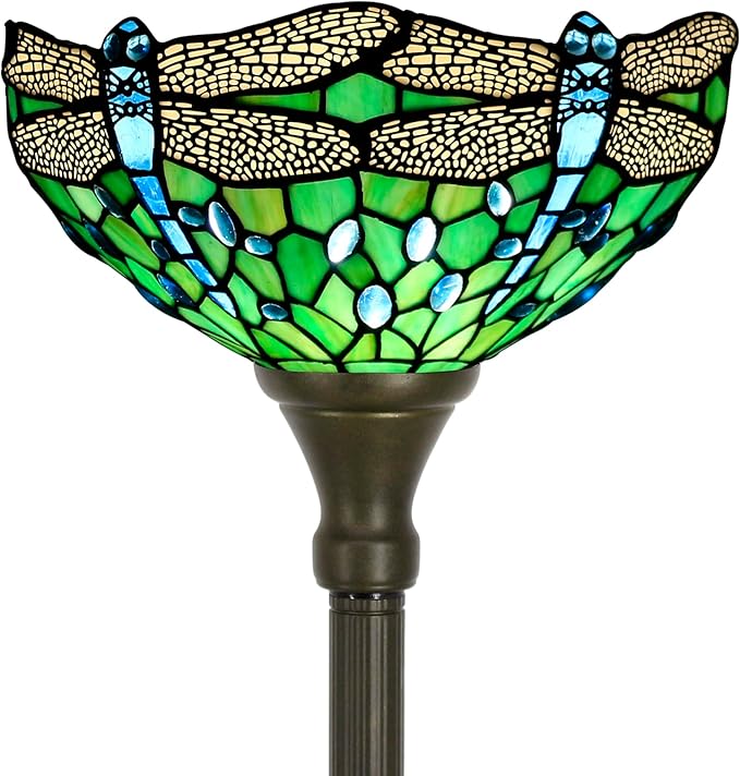 Tiffany Floor Lamp Torchiere Stained Glass Torch Lamp 12X12X67 Inch Antique Standing Corner Light (Green Dragonfly)