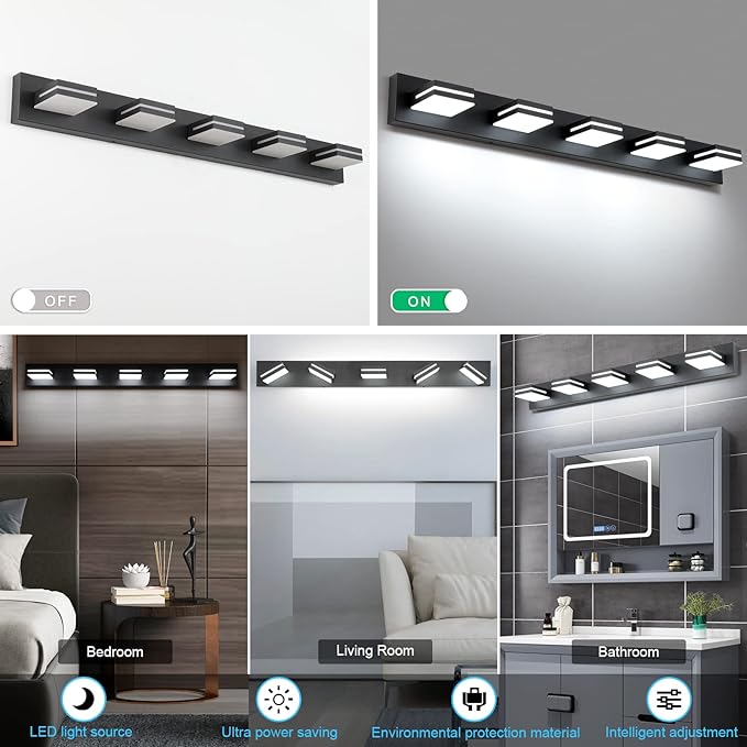 SineRise LED Modern Bathroom Vanity Light Fixtures (5-Light, 40-Inch), Matte Black Modern Acrylic Bathroom Wall Lighting Fixtures Over Mirror (Cool White 6000K)