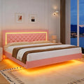 BarnFurin Floating Bed Frame King with LED Lights, Upholstered Platform Bed with Diamond Tufted Headboard, No Box Spring Needed, Noise Free, Easy Assembly, Pink