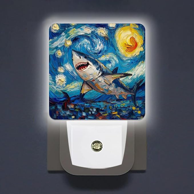 LED Night Lights Plug into Wall,Starry Night Swimming Great White Shark Decorative Night Lights Plug into Wall with Auto Light Sensor for Boys Girls Bedroom Decorative Nightlight Led Lamp