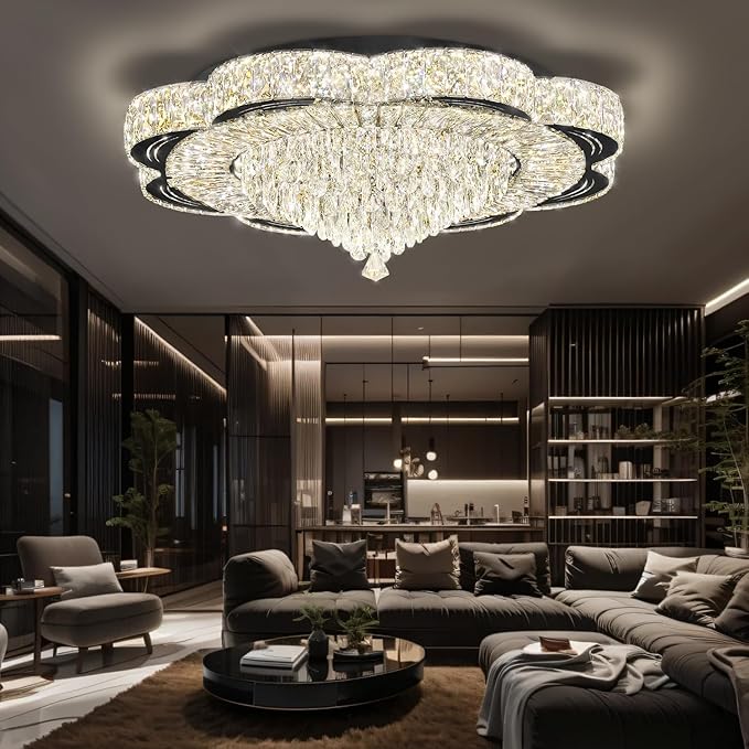 Modern 32inch Empire Crystal Chandelier Black Crystal Raindrop Ceiling Light for Living Room Bedroom LED Infinity Dimmable 3000-6000K