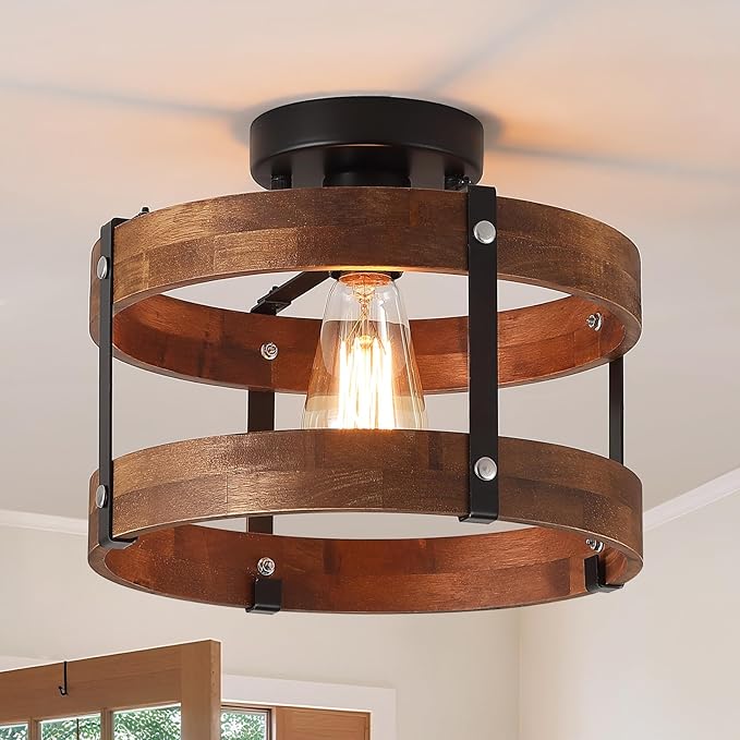 Rustic Farmhouse Wood Flush Mount Ceiling Light Fixture 1 Light Oak Wood and Metal Round Drum Semi Flush Mount Ceiling Light for Kitchen Hallway Entryway Bedroom Farmhouse Country, Black