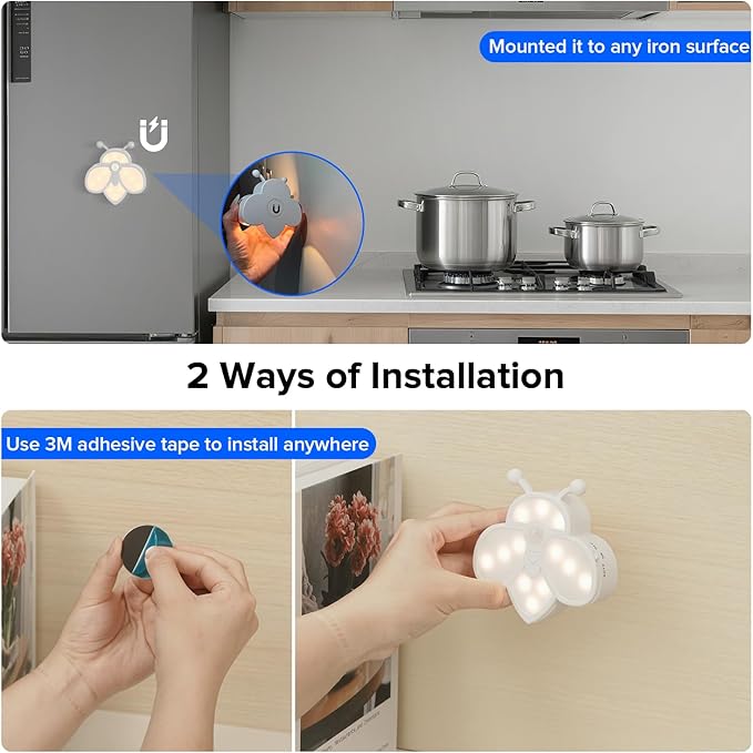 Rechargeable Motion Sensor Night Light for Kids | Warm White & RGB | Cute Bee Design | Magnetic Mount | Indoor Light for Bedroom, Kids' Room, Stair, Bathroom(White, 4 Pack)