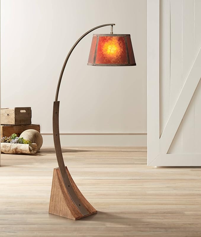 Franklin Iron Works Oak River Mission Style Arc Floor Lamp with USB Charging Port 66 1/2" Tall Dark Rust Natural Wood Base Amber Mica Drum Shade Decor for Living Room Reading House Bedroom Home