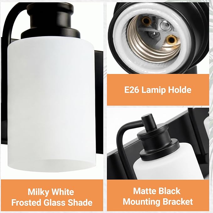 VINLUZ 3 Light Black Vanity Lighting Fixture for Bathroom Decor Classic Industrial Wall Light with Milky White Glass Shades for Porch Workshop