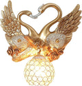 Vintage Double Swan Wall Lamp, Resin Animal Art Deco Gold Wall Sconce with Crystal Beaded Lampshade, Creative Heart Shaped Luxury Wall Light Fixture for Bedroom Living Room Bathroom Hallway