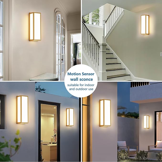Motion Sensor Outdoor Wall Sconce LED 30W Aluminum - Gold Modern Exterior Light Fixture, 3000K Warm,IP65 Waterproof Rectangular Porch Lighting,for Patio,Garage,Front Door